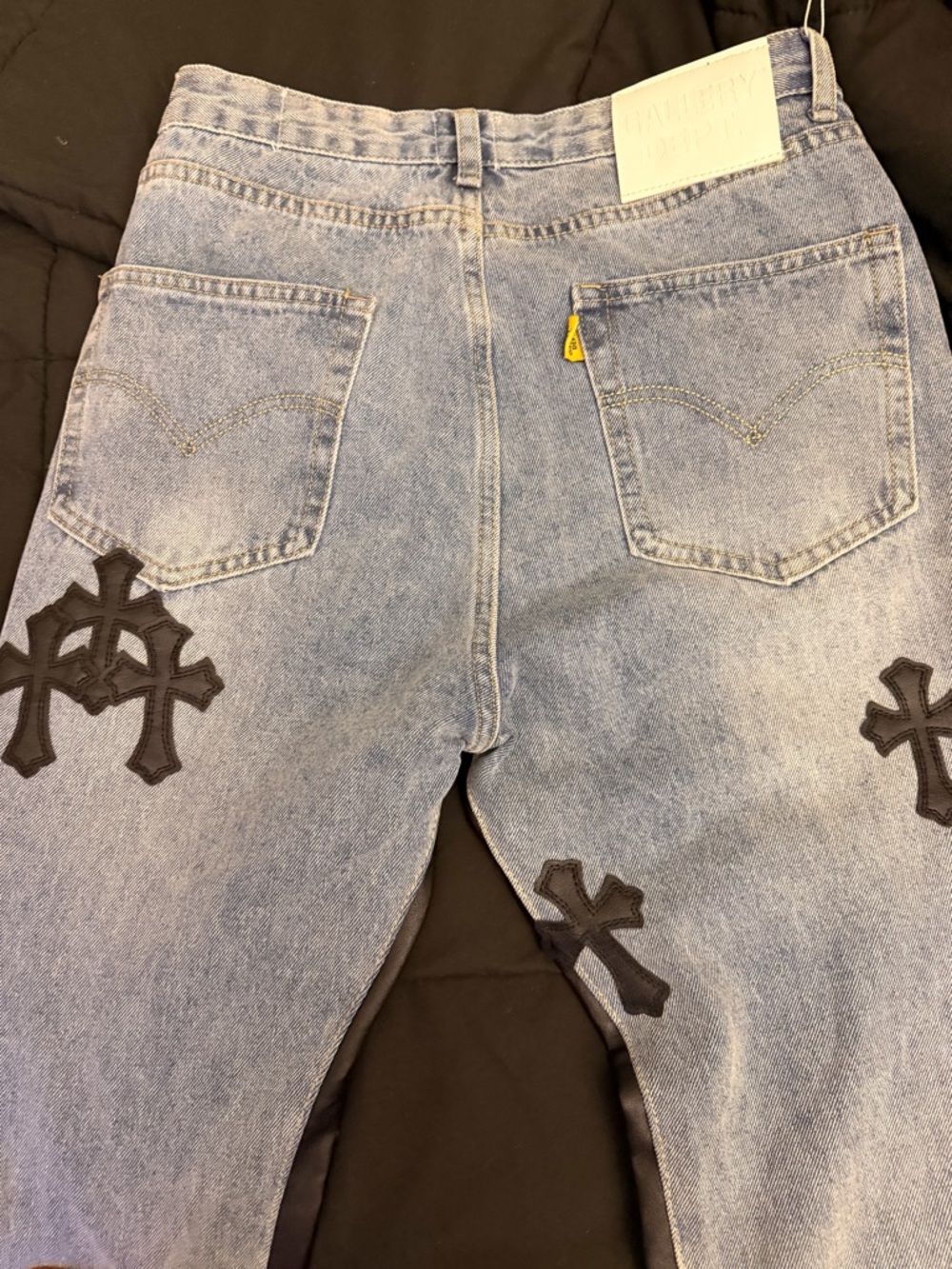 Light Blue Men's Denim Jeans with Black Cross Patches